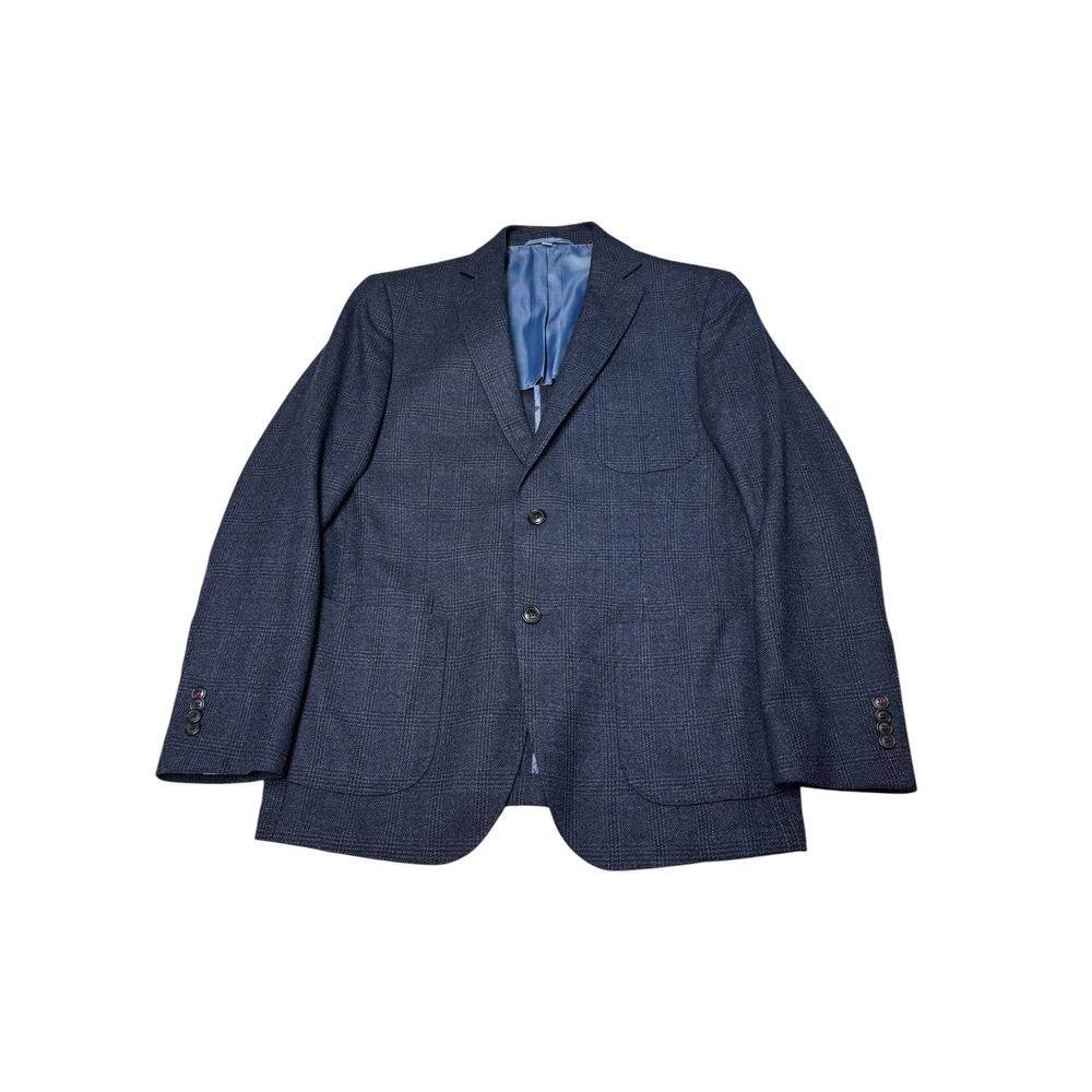 JKT New York Bond Mens 40R Navy Blue Plaid 100% Wool 2-Button Blazer Sport Coat